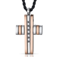 Futuristic Faith: Stainless Steel and Rose Gold Unisex Modern Cross Pendant Necklace with Black Cubic Zirconia