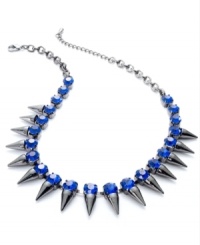 Look sharp with this necklace from Bar III. Crafted from hematite-tone mixed metal, the necklace is adorned with spikes and blue glass crystals for a bit of fashion on the edge. Approximate length: 16 inches + 2-inch extender. Look sharp with this necklace from Bar III. Crafted from hematite-tone mixed metal, the necklace is adorned with spikes and blue glass crystals for a bit of fashion on the edge. Approximate length: 16 inches + 2-inch extender.