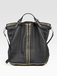 This supple, pebbled leather style blends functionality with chic style with whip-stitched accents over contrast metallic leather.Double adjustable top handles, 3-5 dropDetachable shoulder strap, 21½ dropSnap top closureOne inside zip pocketOne inside open pocketSuede lining16½W X 14H X 8½DMade in Italy This supple, pebbled leather style blends functionality with chic style with whip-stitched accents over contrast metallic leather.Double adjustable top handles, 3-5 dropDetachable shoulder strap, 21½ dropSnap top closureOne inside zip pocketOne inside open pocketSuede lining16½W X 14H X 8½DMade in Italy