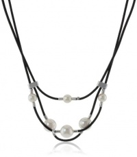 Majorica 8/10mm White Round Pearls on 3 Row Leather Necklace, 17