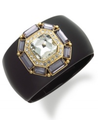 Become the center of attention with this radiant cuff bracelet from Charter Club. The black cuff is complemented by a decorative design of purple and clear glass accents. Crafted in gold tone mixed metal. Approximate diameter: 2-1/4 inches. Become the center of attention with this radiant cuff bracelet from Charter Club. The black cuff is complemented by a decorative design of purple and clear glass accents. Crafted in gold tone mixed metal. Approximate diameter: 2-1/4 inches.
