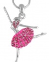 GORGEOUS Hot Pink Crystal Embellished Jumping Ballerina Ballet Charm Pendant and Necklace - Silver Tone with Rhodium Plating Fashion Jewelry