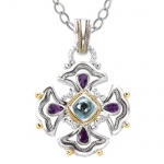 925 Silver, Amethyst & London Blue Topaz Cross Pendant with 18k Gold Accents