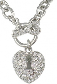 Gorgeous Silver Tone with White Gold Plating Puff Pave Heart Necklace with Crystal Key Front Toggle Clasp Gorgeous Silver Tone with White Gold Plating Puff Pave Heart Necklace with Crystal Key Front Toggle Clasp