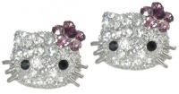 Large 3/4 Kitty Stud Earrings with Dazzling Austrian Crystals and Purple Flower Bow - Silver Tone Rhodium Plated - Comes Gift Boxed Large 3/4 Kitty Stud Earrings with Dazzling Austrian Crystals and Purple Flower Bow - Silver Tone Rhodium Plated - Comes Gift Boxed