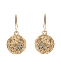 Perfect your look in pretty patterns. Kenneth Cole New York earrings add luminosity with a textured, worn gold tone circle accented by a single round-cut crystal. Approximate drop: 1-1/4 inches. Perfect your look in pretty patterns. Kenneth Cole New York earrings add luminosity with a textured, worn gold tone circle accented by a single round-cut crystal. Approximate drop: 1-1/4 inches.