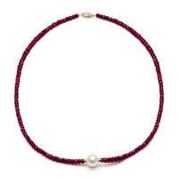14k Yellow Gold 12-13mm Freshwater Cultured Pearl 4-5mm Red Ruby Gemstones Necklace 18 Length with 3mm Yellow Gold Beads and Filigree Clasp. 14k Yellow Gold 12-13mm Freshwater Cultured Pearl 4-5mm Red Ruby Gemstones Necklace 18 Length with 3mm Yellow Gold Beads and Filigree Clasp.