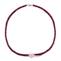 14k Yellow Gold 12-13mm Freshwater Cultured Pearl 4-5mm Red Ruby Gemstones Necklace 18 Length with 3mm Yellow Gold Beads and Filigree Clasp.