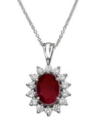 Royalty in red. EFFY Collection's stunning oval-shaped pendant features a ruby center (1-1/12 ct. t.w.) surrounded by a halo of round-cut diamonds (1/3 ct. t.w.). Set in 14k white gold. Approximate length: 18 inches. Approximate drop: 1/2 inch. Royalty in red. EFFY Collection's stunning oval-shaped pendant features a ruby center (1-1/12 ct. t.w.) surrounded by a halo of round-cut diamonds (1/3 ct. t.w.). Set in 14k white gold. Approximate length: 18 inches. Approximate drop: 1/2 inch.