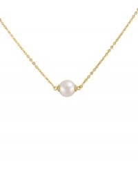 Singular sensation. A simple organic man-made pearl (8 mm) makes a striking statement on this elegant pendant necklace from Majorica. Crafted in 18k gold over sterling silver. Approximate length: 16 to 18 inches. Singular sensation. A simple organic man-made pearl (8 mm) makes a striking statement on this elegant pendant necklace from Majorica. Crafted in 18k gold over sterling silver. Approximate length: 16 to 18 inches.