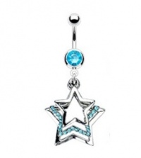 Layered Silver Stars Aqua CZ Gems Navel Ring Belly Button Piercing Dangle Jewelry 14G 3/8 Layered Silver Stars Aqua CZ Gems Navel Ring Belly Button Piercing Dangle Jewelry 14G 3/8