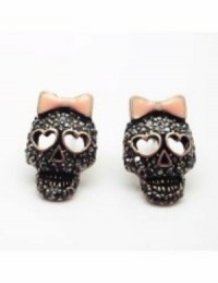 DARK FOREST HEMATITE-LOOK CRYSTAL SKULLS W/ PINK BOWS SKULL STUDS EARRINGS * IN GIFT BOX DARK FOREST HEMATITE-LOOK CRYSTAL SKULLS W/ PINK BOWS SKULL STUDS EARRINGS * IN GIFT BOX