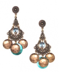 John Michael Richardson Gold Plated Hammered Disk and Aqua Blue Czech Crystal Bead Chandelier Post Earrings John Michael Richardson Gold Plated Hammered Disk and Aqua Blue Czech Crystal Bead Chandelier Post Earrings