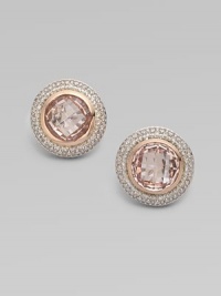 From the Albion Cerise Collection. A beautifully feminine style with a faceted morganite stone set in 18k rose gold, surrounded in two rows of sparkling diamonds. MorganiteDiamonds, .72 tcw18k rose goldSize, about ¼Post backImported From the Albion Cerise Collection. A beautifully feminine style with a faceted morganite stone set in 18k rose gold, surrounded in two rows of sparkling diamonds. MorganiteDiamonds, .72 tcw18k rose goldSize, about ¼Post backImported