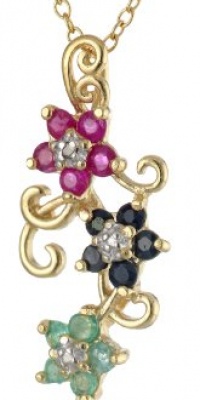 Yellow Gold Plated Sterling Silver Sapphire, Ruby, Emerald and Diamond Accent Flower Pendant, 18 Yellow Gold Plated Sterling Silver Sapphire, Ruby, Emerald and Diamond Accent Flower Pendant, 18