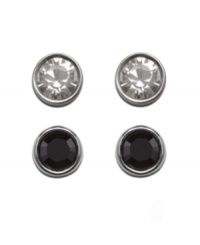 Sparkle to suit any occasion. Mix and match with chic contrasting studs by Swarovski featuring bezel-set clear and jet black crystals in silver tone mixed metal. Approximate diameter: 1/5 inch. Sparkle to suit any occasion. Mix and match with chic contrasting studs by Swarovski featuring bezel-set clear and jet black crystals in silver tone mixed metal. Approximate diameter: 1/5 inch.