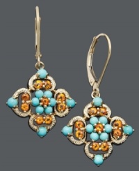 Complement your sultry summer wardrobe with the perfect pair of earrings. Boldly colored turquoise stones (3/4 ct. t.w.) and round-cut citrine (1/2 ct. t.w.) combine in a rich 14k gold setting. Approximate drop: 5/8 inch.