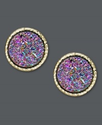 Like a colorful splash of confetti, these multicolored druzy earrings will bring the party. Set in 14k gold. Approximate diameter: 1/2 inch. Like a colorful splash of confetti, these multicolored druzy earrings will bring the party. Set in 14k gold. Approximate diameter: 1/2 inch.