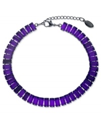 Vibrant in violet. This choker necklace from GUESS features baguette-cut amethyst crystals for a bright touch. Crafted in hematite tone mixed metal. Approximate length: 12-1/2 inches + 2-inch extender. Vibrant in violet. This choker necklace from GUESS features baguette-cut amethyst crystals for a bright touch. Crafted in hematite tone mixed metal. Approximate length: 12-1/2 inches + 2-inch extender.