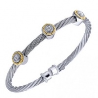Gabriel Stainless Steel and Sterling Silver Cable Cuff Bangle Featuring 0.10 Carats White Diamonds with 18K Yellow Gold Trim Gabriel Stainless Steel and Sterling Silver Cable Cuff Bangle Featuring 0.10 Carats White Diamonds with 18K Yellow Gold Trim