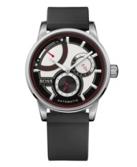 Freshen up your fashion with this avant-garde timepiece by Hugo Boss. Watch crafted of black silicone strap and round stainless steel case. Black and silver tone textured dial features stick indices, three subdials, two luminous hands, logo and red accents. Automatic movement. Water resistant to 50 meters. Two-year limited warranty. Freshen up your fashion with this avant-garde timepiece by Hugo Boss. Watch crafted of black silicone strap and round stainless steel case. Black and silver tone textured dial features stick indices, three subdials, two luminous hands, logo and red accents. Automatic movement. Water resistant to 50 meters. Two-year limited warranty.