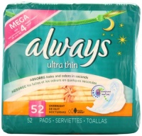 Always Ultra Thin Unscented Pads with Wings, Overnight, 52 Count Always Ultra Thin Unscented Pads with Wings, Overnight, 52 Count