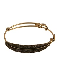 A bohemian-inspired feather adorns this delicate, expandable Alex and Ani bangle, which is crafted entirely from recycled brass. A bohemian-inspired feather adorns this delicate, expandable Alex and Ani bangle, which is crafted entirely from recycled brass.