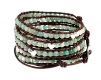 Green Bead Leather Wrap Bracelet with Silvertone Hearts, 39 Inch 5x Wrap Green Bead Leather Wrap Bracelet with Silvertone Hearts, 39 Inch 5x Wrap