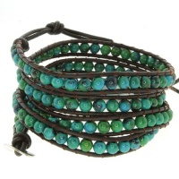 28 Blue/Green Beads On Dark Brown Leather Wrap Bracelet With Snap Button Lock 28 Blue/Green Beads On Dark Brown Leather Wrap Bracelet With Snap Button Lock