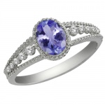 1.00 Ct Natural Oval 7X5mm Tanzanite and White Topaz Sterling Silver Ring