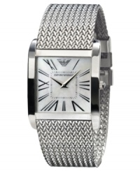 Simple elegance with a modern flair. This Emporio Armani watch features a mesh stainless steel bracelet and square case. Mother-of-pearl dial with silvertone Roman numerals and logo. Quartz movement. Water resistant to 30 meters. Two-year limited warranty. Simple elegance with a modern flair. This Emporio Armani watch features a mesh stainless steel bracelet and square case. Mother-of-pearl dial with silvertone Roman numerals and logo. Quartz movement. Water resistant to 30 meters. Two-year limited warranty.