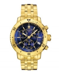 Pristine styling mixed with chronograph functionality make Tissot's PRS 200 a must-have dress watch. Crafted of gold PVD plated stainless steel bracelet and round case. Bezel features black numerals and stick indices. Blue chronograph dial features tachymeter scale, date window at four o'clock, luminous gold tone stick indices and hands, minute track, three subdials and logo. Swiss quartz movement. Water resistant to 200 meters. Two-year limited warranty. Pristine styling mixed with chronograph functionality make Tissot's PRS 200 a must-have dress watch. Crafted of gold PVD plated stainless steel bracelet and round case. Bezel features black numerals and stick indices. Blue chronograph dial features tachymeter scale, date window at four o'clock, luminous gold tone stick indices and hands, minute track, three subdials and logo. Swiss quartz movement. Water resistant to 200 meters. Two-year limited warranty.