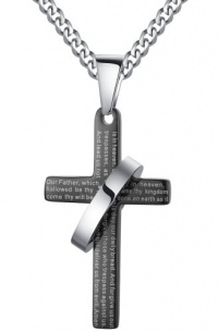 Stainless Steel Men's Cross W. Lord's Prayer in English and Halo Ring Pendant Necklace with Curb Chain (Black and Silver Color) - G2005h3 Stainless Steel Men's Cross W. Lord's Prayer in English and Halo Ring Pendant Necklace with Curb Chain (Black and Silver Color) - G2005h3