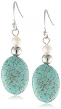 Sterling Silver Turquoise Oval Bead and White Freshwater Cultured Pearl Drop Earrings Sterling Silver Turquoise Oval Bead and White Freshwater Cultured Pearl Drop Earrings