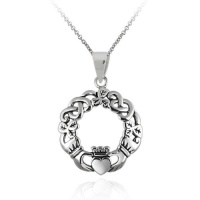 Sterling Silver Celtic Claddagh Pendant Necklace with Rolo Chain, 18 Sterling Silver Celtic Claddagh Pendant Necklace with Rolo Chain, 18