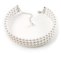 3 Tier Glass Pearl Collar Necklace In Silver Plating (Snow White) 3 Tier Glass Pearl Collar Necklace In Silver Plating (Snow White)