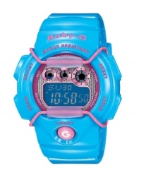 Escape just in time with this tropical ocean blue watch by Baby-G. Light blue resin strap and round case with pink accents. Shock-resistant pink and blue negative display digital dial features time, light, alarm, countdown timer, stopwatch and 12/24 hour formats. Digital dial. Water resistant to 200 meters. One-year limited warranty. Escape just in time with this tropical ocean blue watch by Baby-G. Light blue resin strap and round case with pink accents. Shock-resistant pink and blue negative display digital dial features time, light, alarm, countdown timer, stopwatch and 12/24 hour formats. Digital dial. Water resistant to 200 meters. One-year limited warranty.