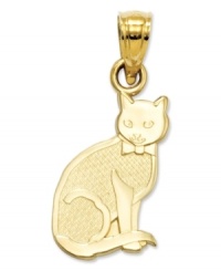 Display your loving bond with your feline with this carved cat charm in 14k gold. Reverses to read I (Heart) My Cat in bold text. Chain not included. Approximate drop length: 4/5 inch. Approximate drop width: 2/5 inch. Display your loving bond with your feline with this carved cat charm in 14k gold. Reverses to read I (Heart) My Cat in bold text. Chain not included. Approximate drop length: 4/5 inch. Approximate drop width: 2/5 inch.