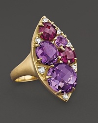 Amethyst, rhodolite and diamonds in 18K yellow gold from Carelle. Amethyst, rhodolite and diamonds in 18K yellow gold from Carelle.