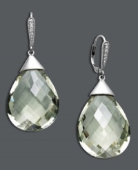 Translucent green shimmer elevates your entire look. These elegant drop earrings feature pear-shaped green quartz (40 ct.t .w.) accented by a row of sparkling diamonds. Set in 14k white gold. Approximate drop: 1-5/8 inches. Translucent green shimmer elevates your entire look. These elegant drop earrings feature pear-shaped green quartz (40 ct.t .w.) accented by a row of sparkling diamonds. Set in 14k white gold. Approximate drop: 1-5/8 inches.
