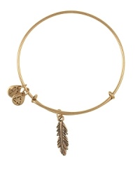 The organic beauty of the feather inspires this Alex and Ani bangle, designed for simple symbolism in plated metal with a delicate charm. The organic beauty of the feather inspires this Alex and Ani bangle, designed for simple symbolism in plated metal with a delicate charm.