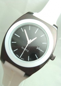 Geneva White Black Circle Dial Silicone Band Large Face Watch Geneva White Black Circle Dial Silicone Band Large Face Watch