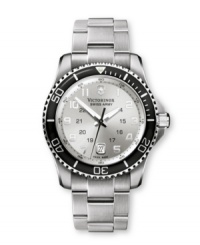 Handsome, brushed steel and black accents affirm your attention-commanding nature. Victorinox Swiss Army watch crafted of stainless steel bracelet and round case. Black unidirectional rotating bezel with count-up scale in white holds anti-reflective sapphire crystal. Brushed silvertone dial features white numerals at markers, date window at six o'clock, luminous hour and minute hands, black second hand and logo at twelve o'clock. Swiss quartz movement. Water resistant to 100 meters. Three-year limited warranty. Handsome, brushed steel and black accents affirm your attention-commanding nature. Victorinox Swiss Army watch crafted of stainless steel bracelet and round case. Black unidirectional rotating bezel with count-up scale in white holds anti-reflective sapphire crystal. Brushed silvertone dial features white numerals at markers, date window at six o'clock, luminous hour and minute hands, black second hand and logo at twelve o'clock. Swiss quartz movement. Water resistant to 100 meters. Three-year limited warranty.