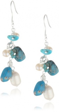 Sterling Silver Turquoise and Freshwater Cultured Pearl Linear Drop French Wire Earrings