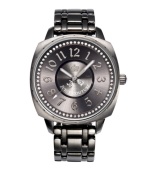 More reliable than your man. Beau watch by Juicy Couture crafted of gunmetal ion-plated stainless steel bracelet and round case. Gunmetal sunray dial features ring of crystallized Swarovski elements, applied numerals, three hands and logo. Quartz movement. Water resistant to 30 meters. Two-year limited warranty.