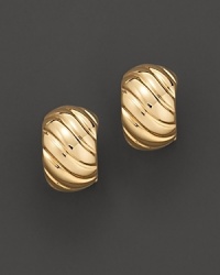 Yellow gold ribbed huggie earrings. With signature ruby accent. Designed by Roberto Coin. Yellow gold ribbed huggie earrings. With signature ruby accent. Designed by Roberto Coin.