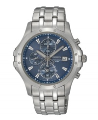 A contemporary take on classic timekeeping, the Le Grand Sport by Seiko makes an impression. Watch crafted of stainless steel bracelet and round case, 42mm. Blue chronograph dial features silver tone stick indices, minute track, date window at three o'clock, three subdials, luminous hands and logo. Quartz movement. Water resistant to 50 meters. Three-year limited warranty. A contemporary take on classic timekeeping, the Le Grand Sport by Seiko makes an impression. Watch crafted of stainless steel bracelet and round case, 42mm. Blue chronograph dial features silver tone stick indices, minute track, date window at three o'clock, three subdials, luminous hands and logo. Quartz movement. Water resistant to 50 meters. Three-year limited warranty.