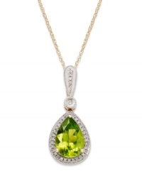 Pear-hued perfection. This stunning pendant features a pretty teardrop shape that shines with the addition of pear-cut peridot (1-7/8 ct. t.w.) edged with diamond accents. Set in 14k gold. Approximate length: 18 inches. Approximate drop: 5/8 inch. Pear-hued perfection. This stunning pendant features a pretty teardrop shape that shines with the addition of pear-cut peridot (1-7/8 ct. t.w.) edged with diamond accents. Set in 14k gold. Approximate length: 18 inches. Approximate drop: 5/8 inch.