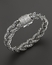 John Hardy's classic braided chain bracelet lends timeless style in sterling silver accented with a diamond pavé clasp. John Hardy's classic braided chain bracelet lends timeless style in sterling silver accented with a diamond pavé clasp.