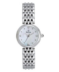 Balancing act. Intricate links and a clean dial combine on this watch by Bulova. Stainless steel bracelet and round case. Mother-of-pearl dial features four diamond accent markers, silver tone dot markers, three hands and logo. Quartz movement. Water resistant to 30 meters. Three-year limited warranty. Balancing act. Intricate links and a clean dial combine on this watch by Bulova. Stainless steel bracelet and round case. Mother-of-pearl dial features four diamond accent markers, silver tone dot markers, three hands and logo. Quartz movement. Water resistant to 30 meters. Three-year limited warranty.